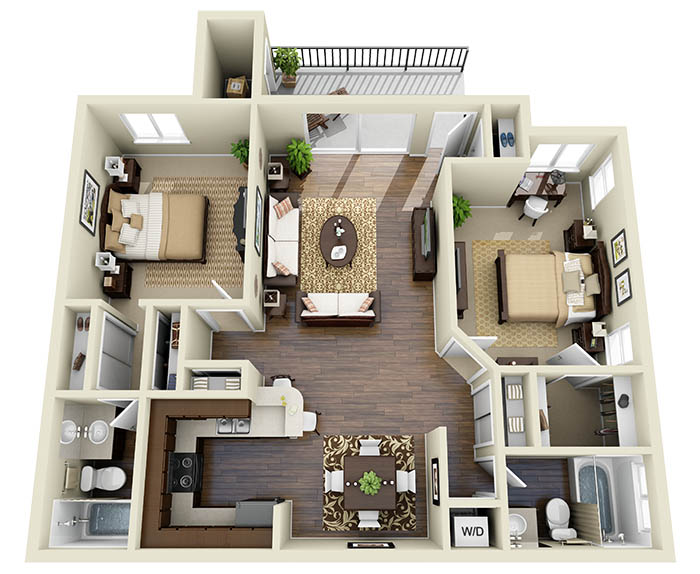 Floor plan for 2 beds, 2 baths, 952 sqft